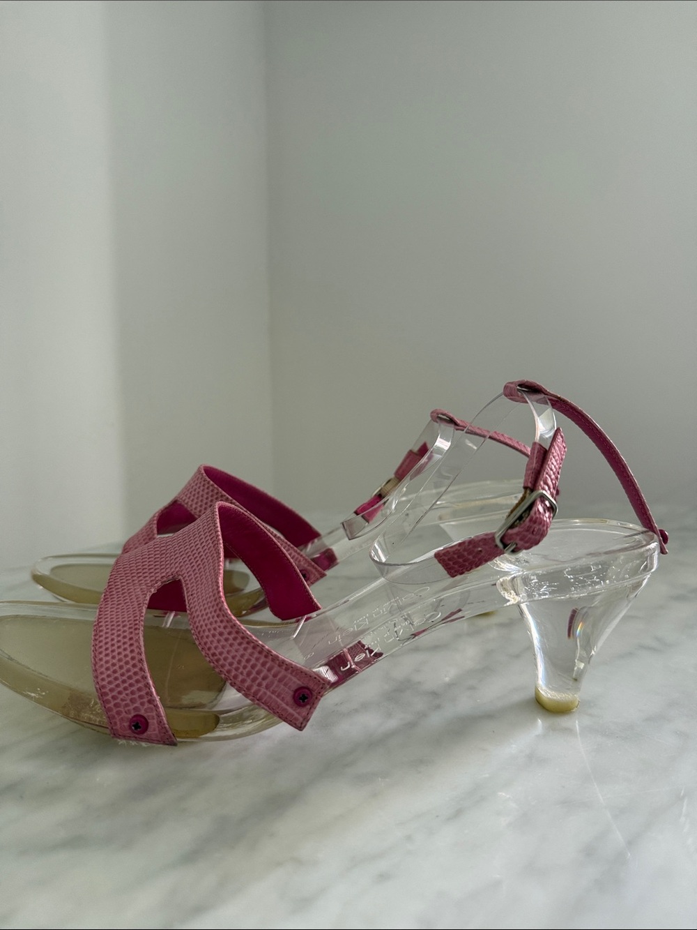 Calvin Klein Vintage Pink Lizard & Lucite Slide Sandals